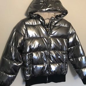 Silver Tahari Girls Metallic Hooded Bomber Jacket